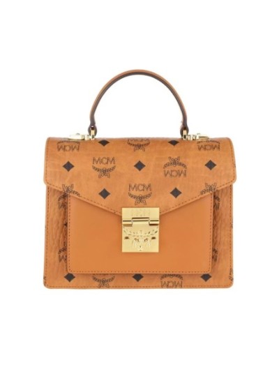 MCM Tracy Visetos Satchel Small Cognac