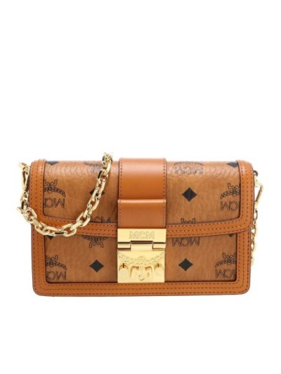 MCM Tracy Visetos Crossbody Mini Cognac